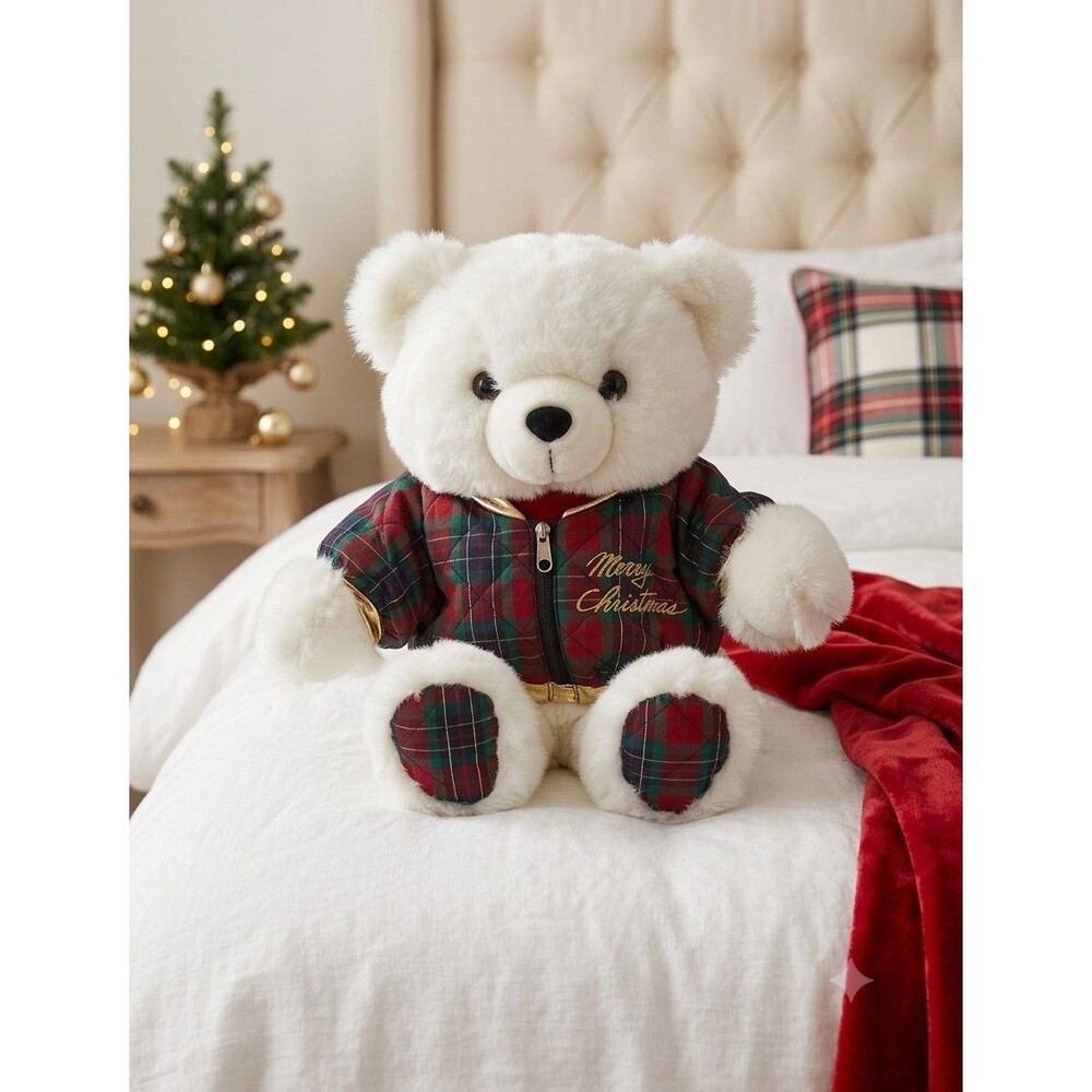 1988 Chrisha Playful Plush Christmas Teddy Bear White Plaid Puffy Zip Coat EUC